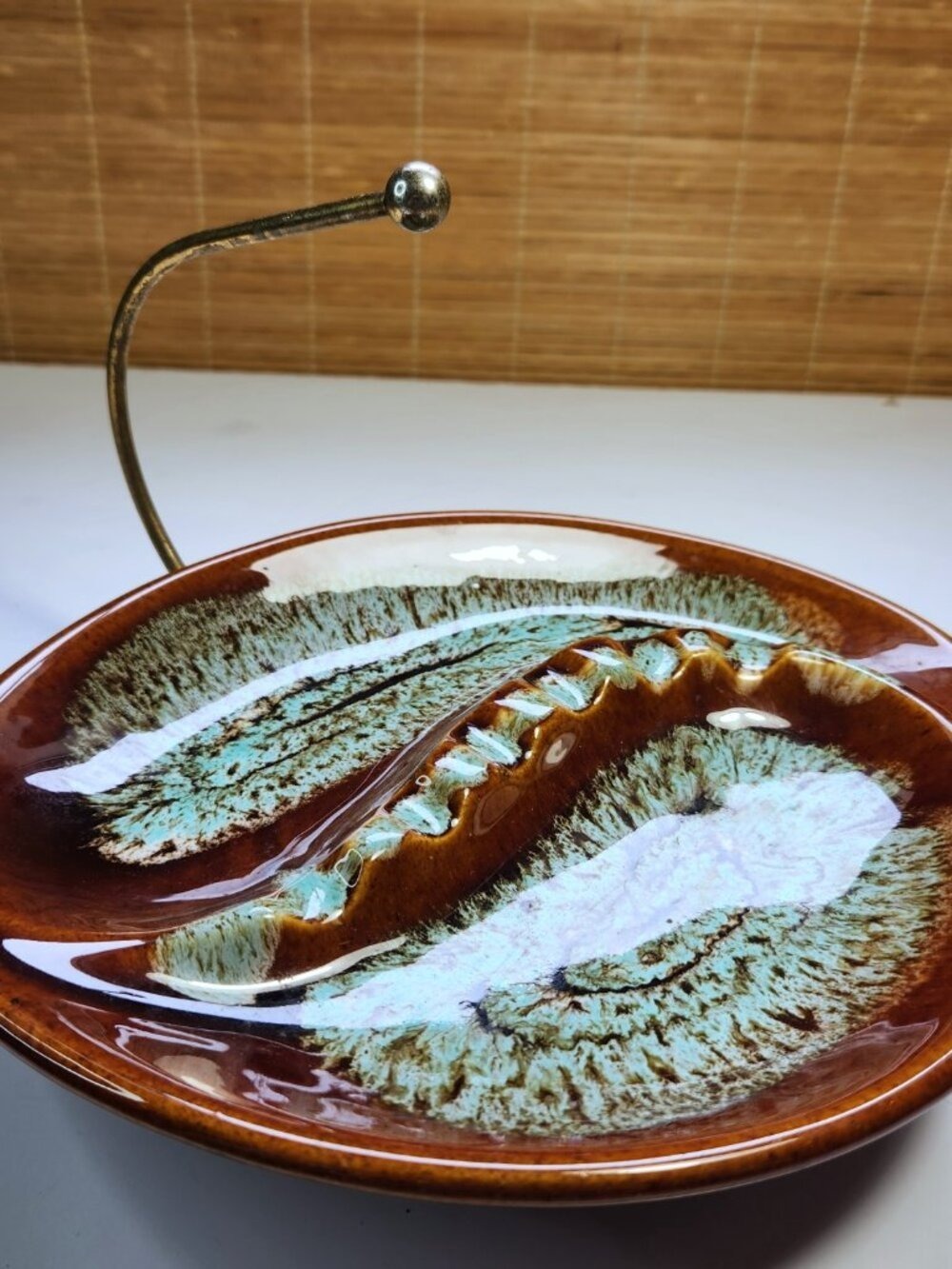 Vintage Mid Century Ceramic Ashtray Brown Turquoise Drip Glaze Pottery and Stand - Picture 4 of 9